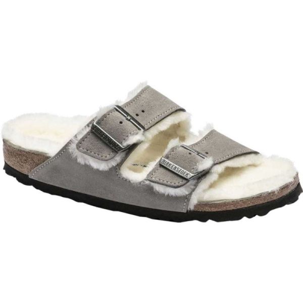 Birkenstock-Women's Arizona Shearling Slide Stone Coin/Natural Suede/Shearling