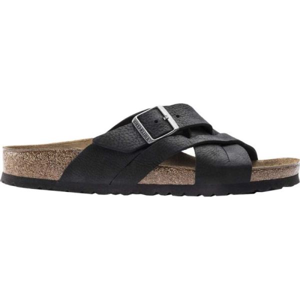 Birkenstock-Men's Lugano Oiled Leather Slide Camberra Black Oiled Nubuck Leather