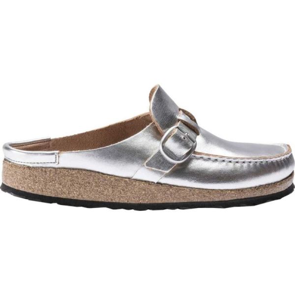 Birkenstock-Women's Buckley Moc Toe Metallic Clog Silver Leather 2