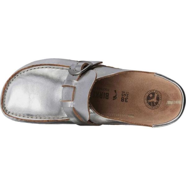 Birkenstock-Women's Buckley Moc Toe Metallic Clog Silver Leather 2