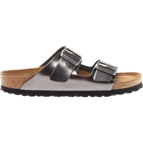 Birkenstock-Women's Arizona Soft Footbed Leather Slide Metallic Anthracite Leather