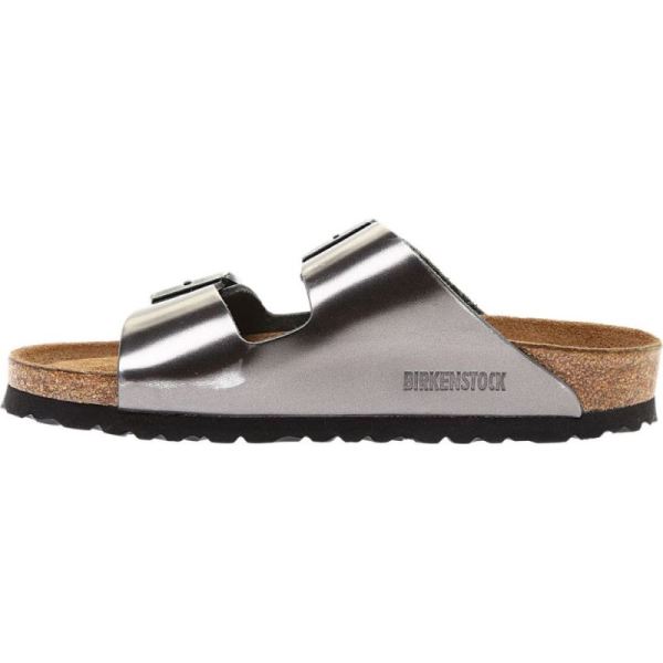 Birkenstock-Women's Arizona Soft Footbed Leather Slide Metallic Anthracite Leather