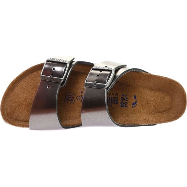 Birkenstock-Women's Arizona Soft Footbed Leather Slide Metallic Anthracite Leather