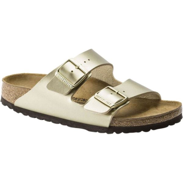 Birkenstock-Women's Arizona Buckle Two Strap Slide Gold Birko-Flor