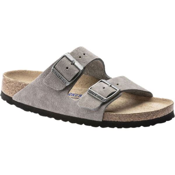 Birkenstock-Women's Arizona Suede Soft Footbed Two Strap Slide Stone Coin Suede