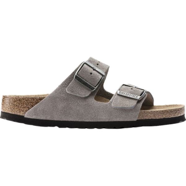 Birkenstock-Women's Arizona Suede Soft Footbed Two Strap Slide Stone Coin Suede