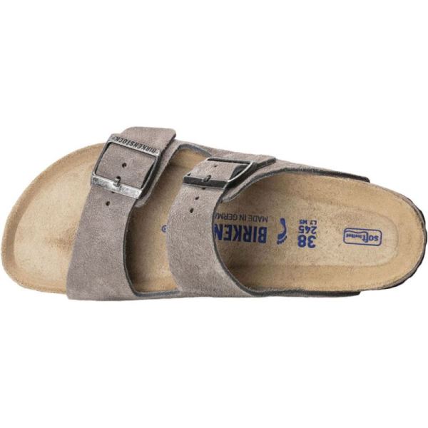 Birkenstock-Women's Arizona Suede Soft Footbed Two Strap Slide Stone Coin Suede