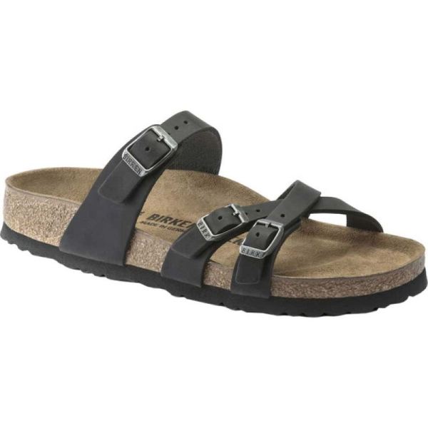 Birkenstock-Women's Franca Oiled Leather Strappy Slide Black Oiled Leather