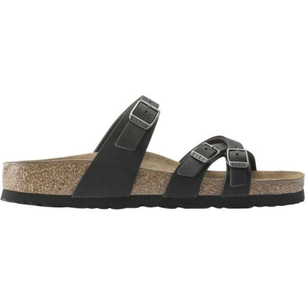 Birkenstock-Women's Franca Oiled Leather Strappy Slide Black Oiled Leather