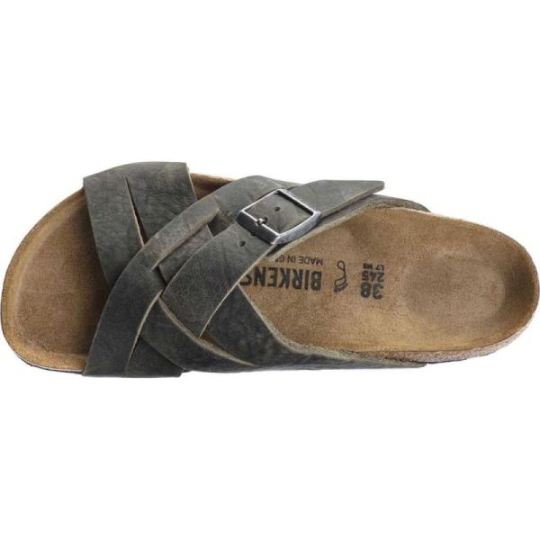 Birkenstock-Men's Lugano Oiled Leather Slide Khaki Oiled Nubuck Leather