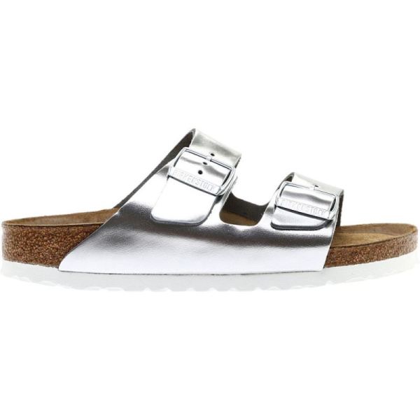 Birkenstock-Women's Arizona Soft Footbed Leather Slide Metallic Silver Leather