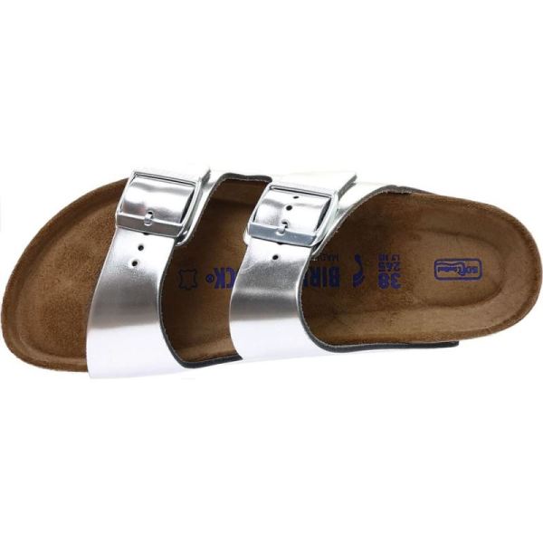 Birkenstock-Women's Arizona Soft Footbed Leather Slide Metallic Silver Leather