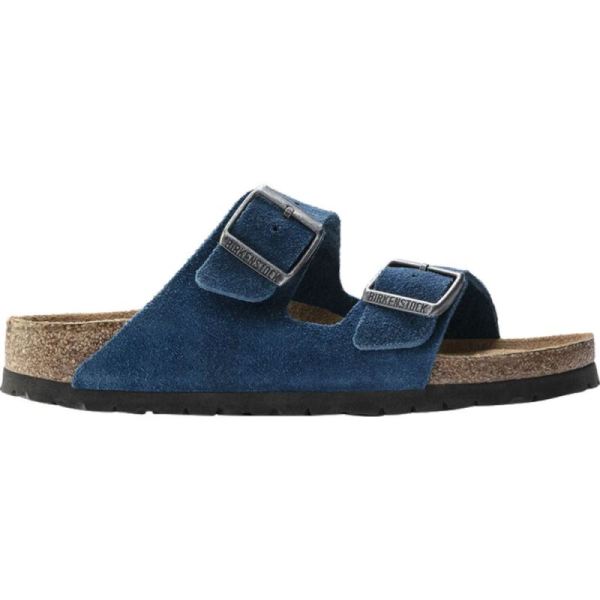 Birkenstock-Women's Arizona Suede Soft Footbed Two Strap Slide Moroccan Blue Suede