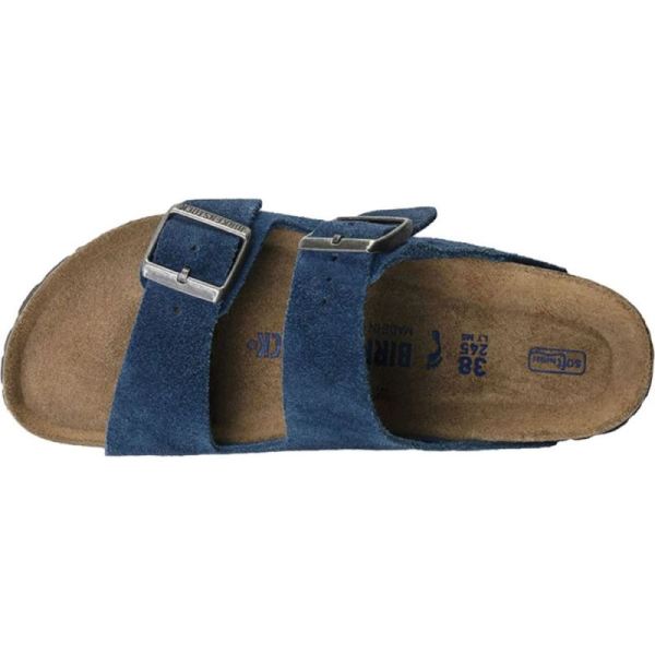 Birkenstock-Women's Arizona Suede Soft Footbed Two Strap Slide Moroccan Blue Suede