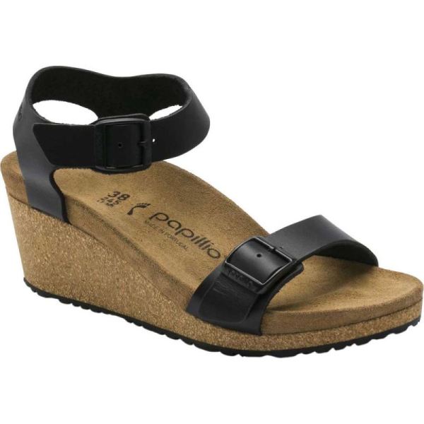 Birkenstock-Women's Papillio Soley Ankle Strap Wedge Sandal Black Leather
