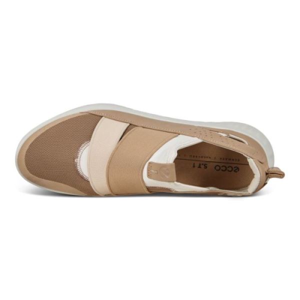 ECCO SHOES -ST.1 LITE WOMEN'S SLIP-ON SNEAKERS-NAVAJO BROWN/WHITEWHITE/BEIGE