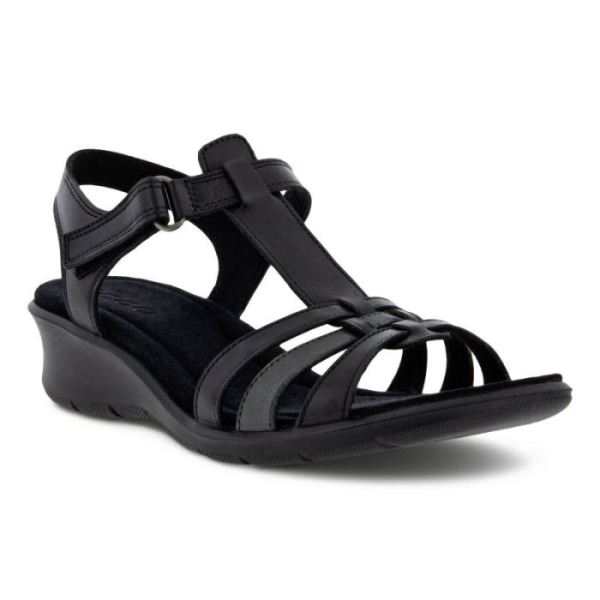 ECCO SHOES -FINOLA WOMEN'S T-BAR STRAP SANDALS-BLACK/DARK SHADOW METALLIC