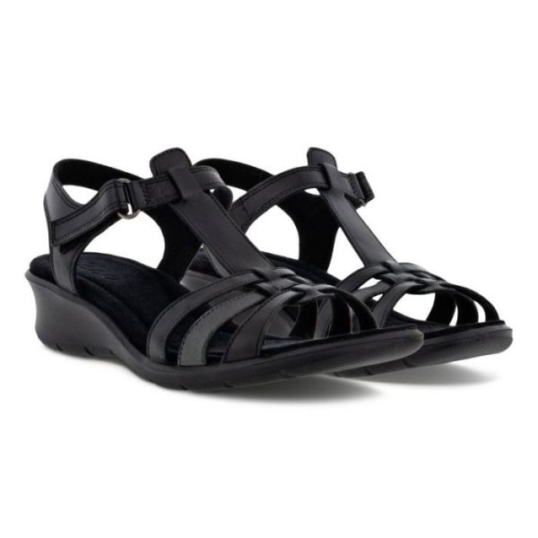 ECCO SHOES -FINOLA WOMEN'S T-BAR STRAP SANDALS-BLACK/DARK SHADOW METALLIC