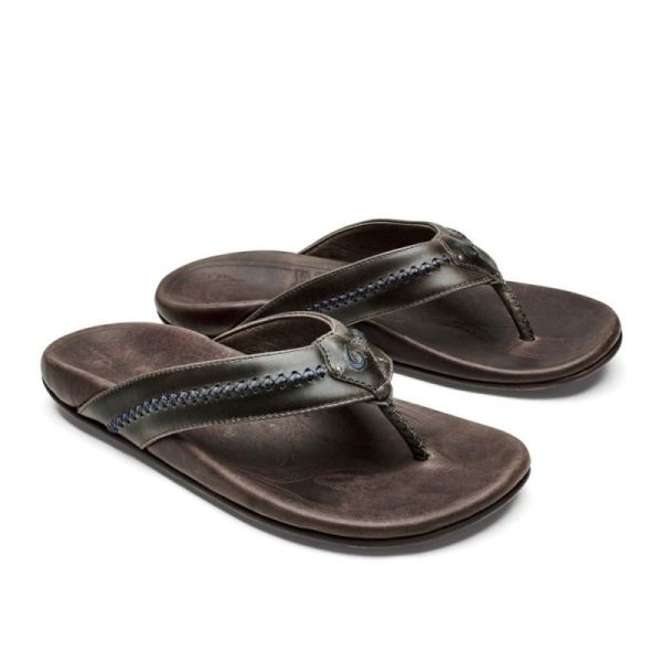 Olukai Men's Mea Ola Leather Sandals - Dark Shadow / Mustang