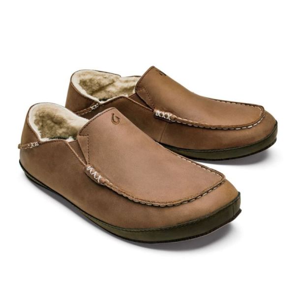 Olukai Men's Moloa Leather Slippers - Toffee / Dark Wood