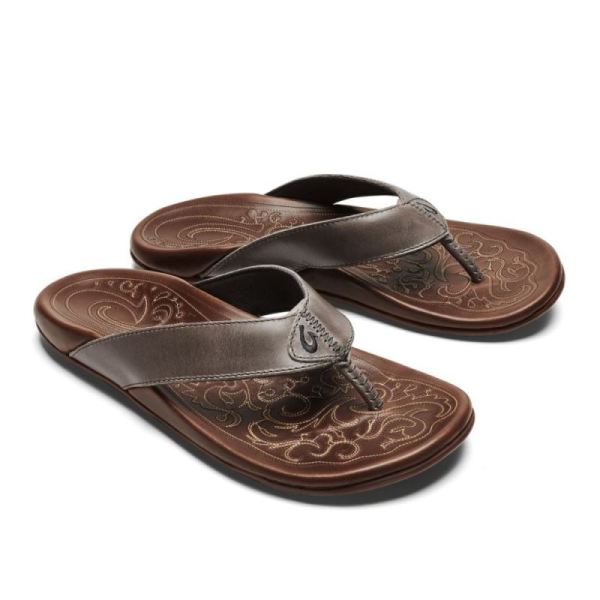 Olukai Men's Mekila Leather Beach Sandals - Charcoal / Toffee