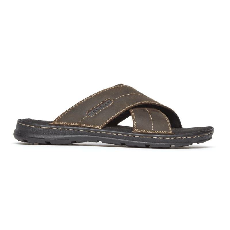 ROCKPORT - DARWYN CROSS BAND SLIDE SANDAL-BROWN II LEATHER