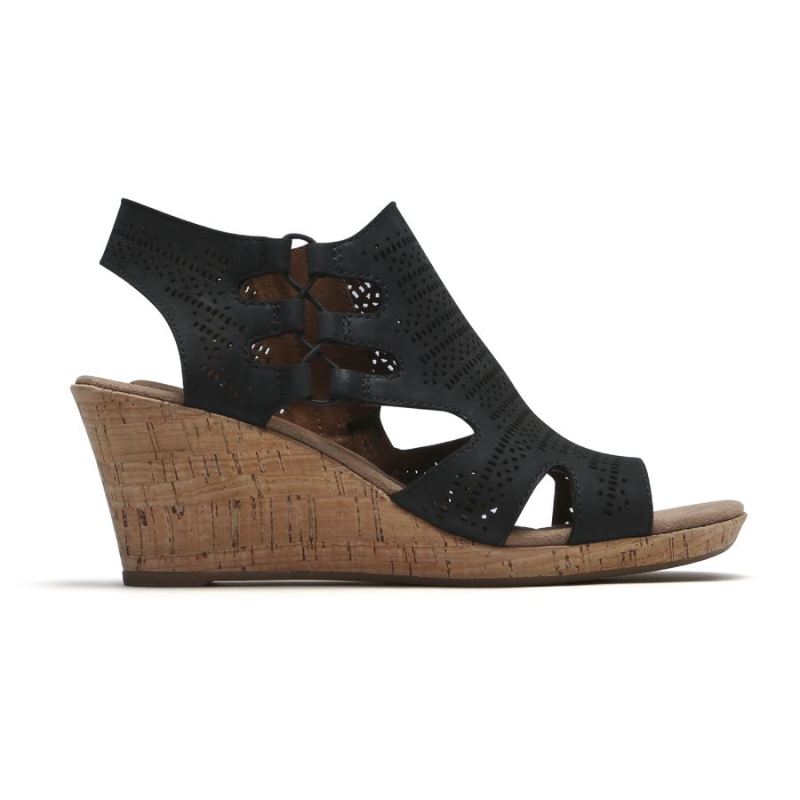 ROCKPORT - WOMEN'S COBB HILL JANNA WEDGE SANDAL-BLACK NUBUCK