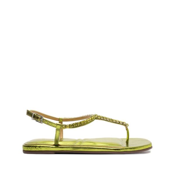 Schutz | Women's Groove Metallic Leather Flat-Green Yellow