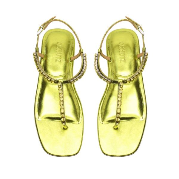 Schutz | Women's Groove Metallic Leather Flat-Green Yellow