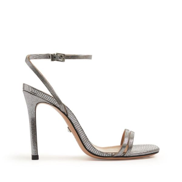 Schutz | Women's Altina Sandal in Lizard Effect Metallic Leather -Prata Silver
