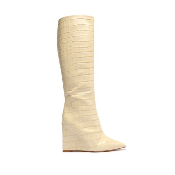 Schutz | Women's Asya Up Crocodile-Embossed Leather Boot-Eggshell