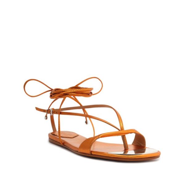 Schutz | Women's Vikki Flat Metallic Leather Sandal-Orange