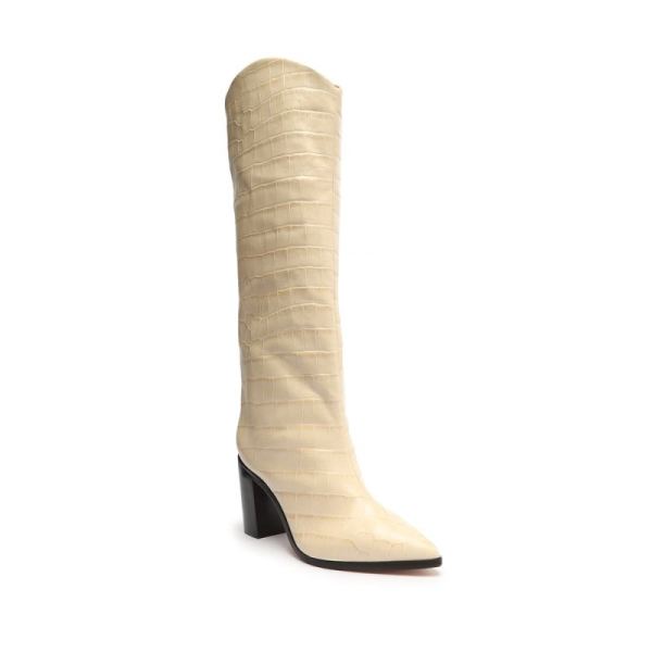 Schutz | Women's Analeah Crocodile-Embossed Leather Boot-Eggshell