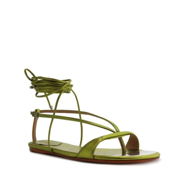 Schutz | Women's Vikki Flat Metallic Leather Sandal-Green Yellow