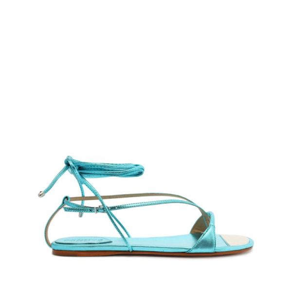 Schutz | Women's Vikki Flat Metallic Leather Sandal-Turquesa