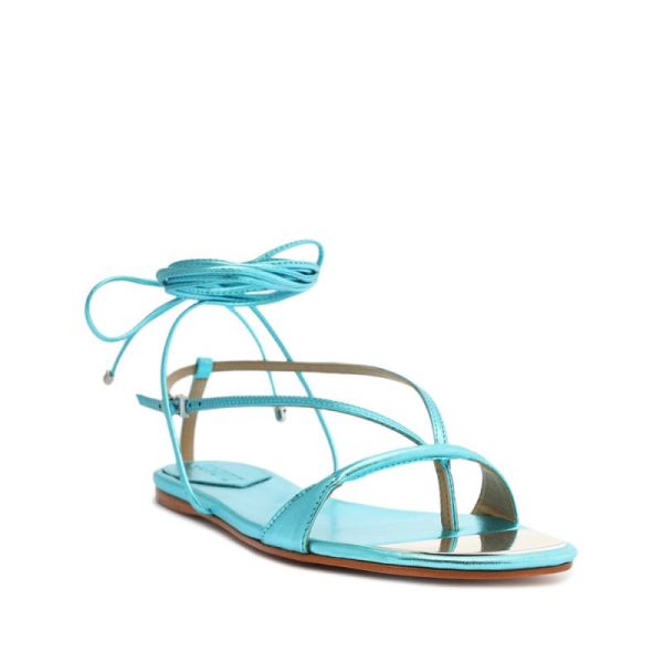 Schutz | Women's Vikki Flat Metallic Leather Sandal-Turquesa