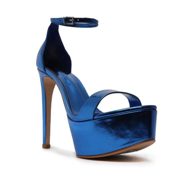 Schutz | Women's Cadey-Lee Platform Specchio Leather Sandal-Blue Snake