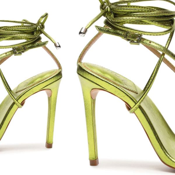 Schutz | Women's Vikki Metallic Leather Sandal-Green Yellow