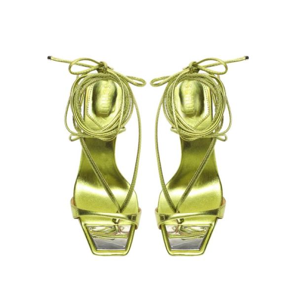 Schutz | Women's Vikki Metallic Leather Sandal-Green Yellow