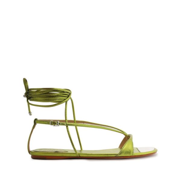 Schutz | Women's Vikki Flat Metallic Leather Sandal-Green Yellow