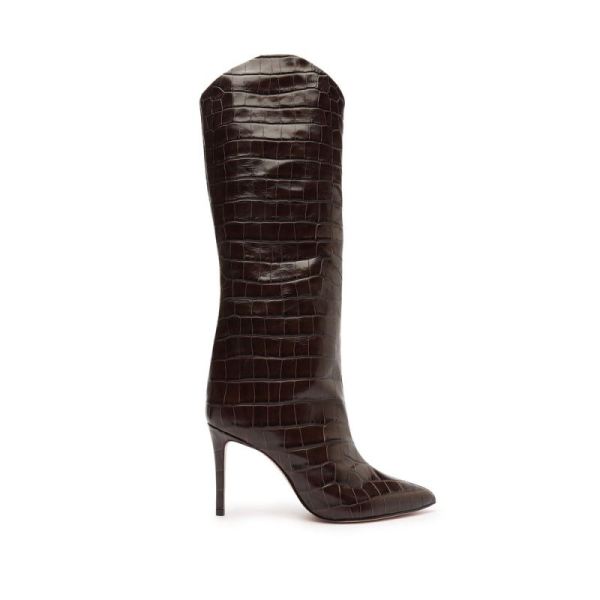 Schutz | Women's Maryana Crocodile-Embossed Leather Boot-Dark Chocolate