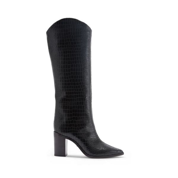 Schutz | Women's Analeah Pointed Toe Block Heel Boot in Croco -Black