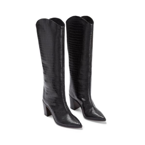 Schutz | Women's Analeah Pointed Toe Block Heel Boot in Croco  -Black