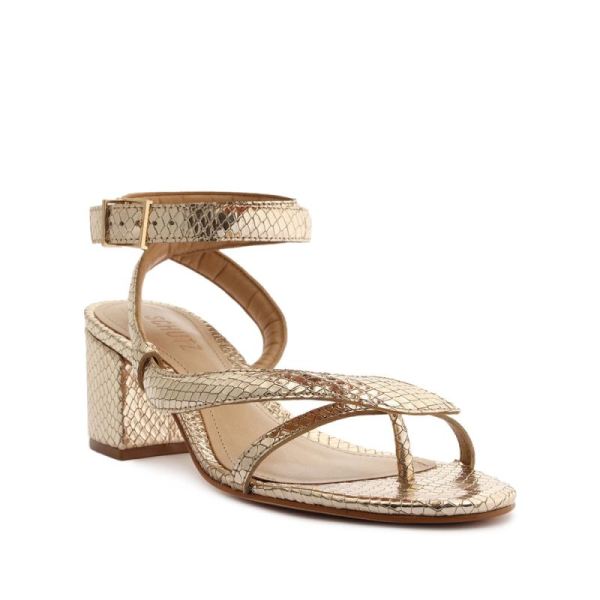 Schutz | Women's Courtney Mid Block Metallic Leather Sandal-Gold