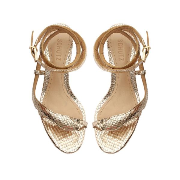 Schutz | Women's Courtney Mid Block Metallic Leather Sandal-Gold