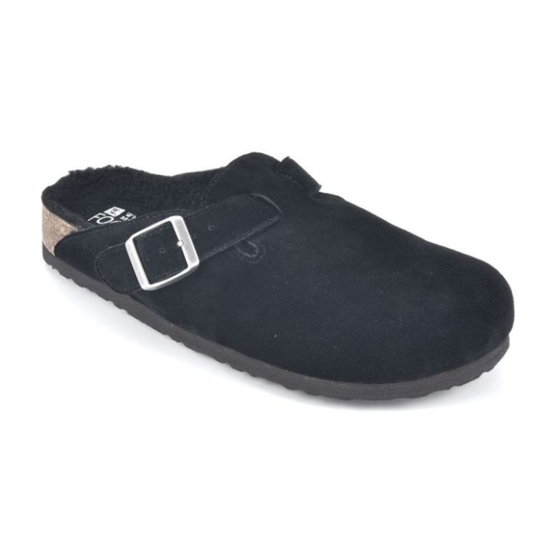 White Mountain | Women's Bari Leather Footbeds Clog-Black Suede With Faux Shearling Lining