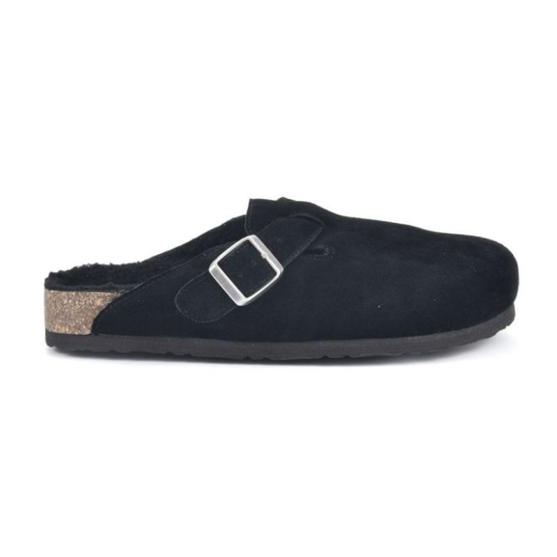 White Mountain | Women's Bari Leather Footbeds Clog-Black Suede With Faux Shearling Lining