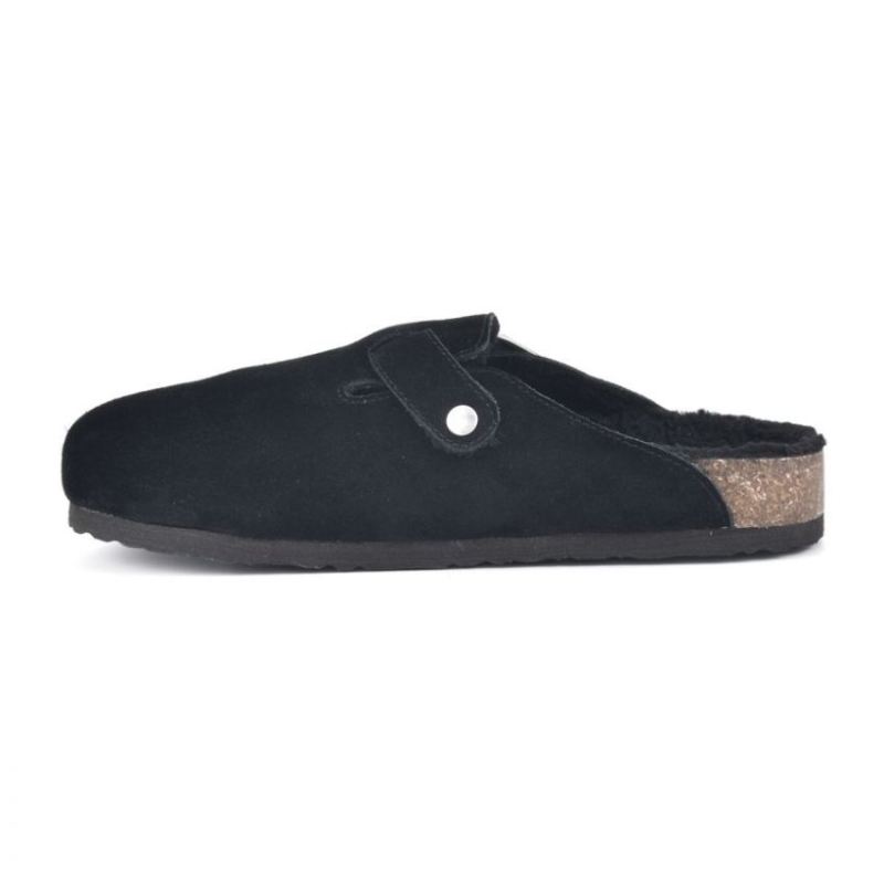 White Mountain | Women's Bari Leather Footbeds Clog-Black Suede With Faux Shearling Lining