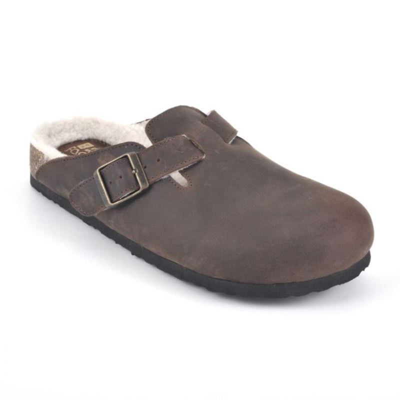 White Mountain | Women's Bari Leather Footbeds Clog-Brown Leather With Faux Shearling Lining