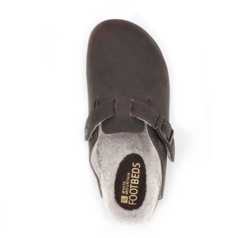 White Mountain | Women's Bari Leather Footbeds Clog-Brown Leather With Faux Shearling Lining